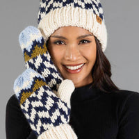 Beige, Navy + Lt. Blue Patterned Pom Hat