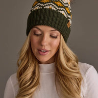 Olive, Cream & Mustard Patterned Pom Hat