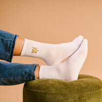 Embroidered Crew Socks: Floral Yellow