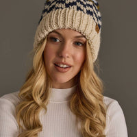 Beige, Navy + Lt. Blue Patterned Pom Hat