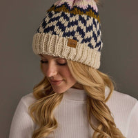 Beige, Navy & Lt. Pink Patterned Pom Hat