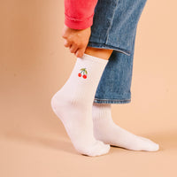 Embroidered Crew Socks: Cherries