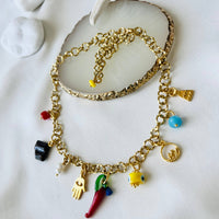 Multi charm summer necklace and blue beaded necklace