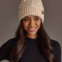 Beige Cable Knit Pom Hat