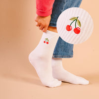 Embroidered Crew Socks: Cherries