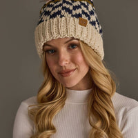 Beige, Navy & Lt. Pink Patterned Pom Hat