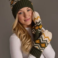 Olive, Cream & Mustard Patterned Pom Hat