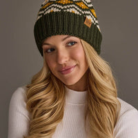 Olive, Cream & Mustard Patterned Pom Hat