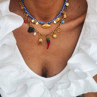 Multi charm summer necklace and blue beaded necklace