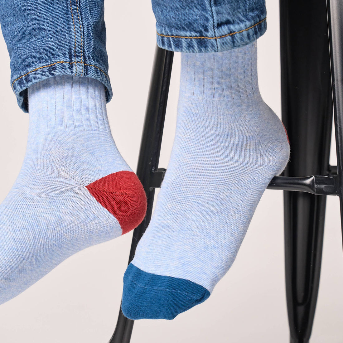 Retro combed cotton socks - Light blue, red striped