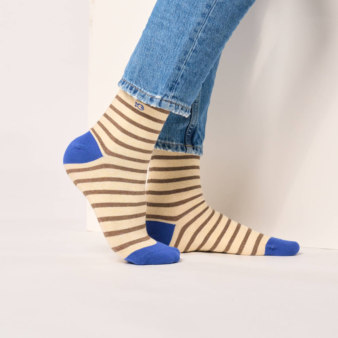 Wide striped combed cotton socks - Striped beige