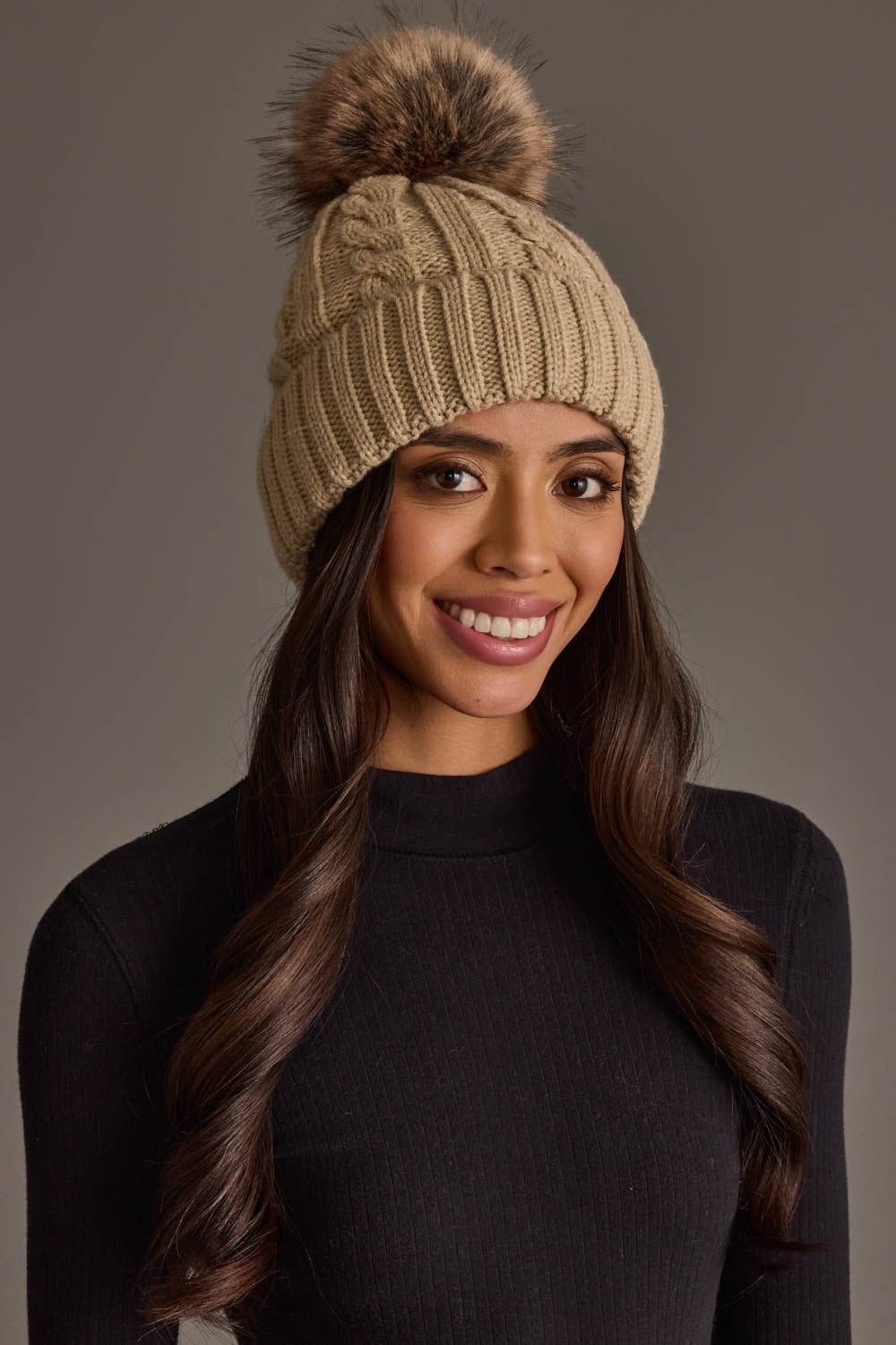 Tan Cable Knit Design Pom Hat