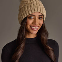 Tan Cable Knit Design Pom Hat