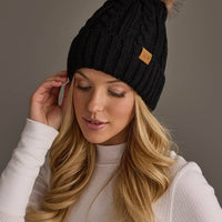 Black Cable Knit Design Pom Hat