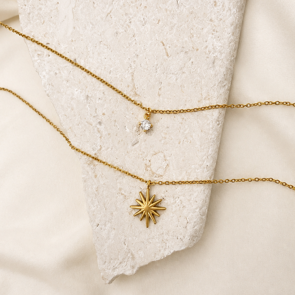 18K STAINLESS STEEL TARNISH FREE LAYERED NECKLACE: STARBURST