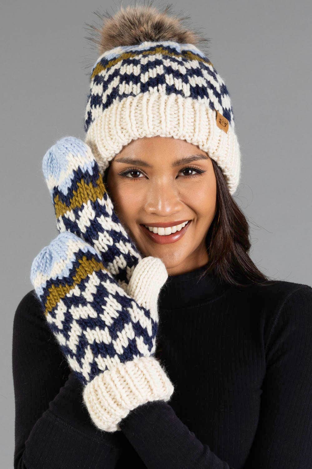 Beige, Navy + Lt. Blue Patterned Pom Hat