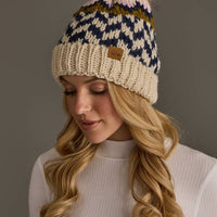 Beige, Navy & Lt. Pink Patterned Pom Hat