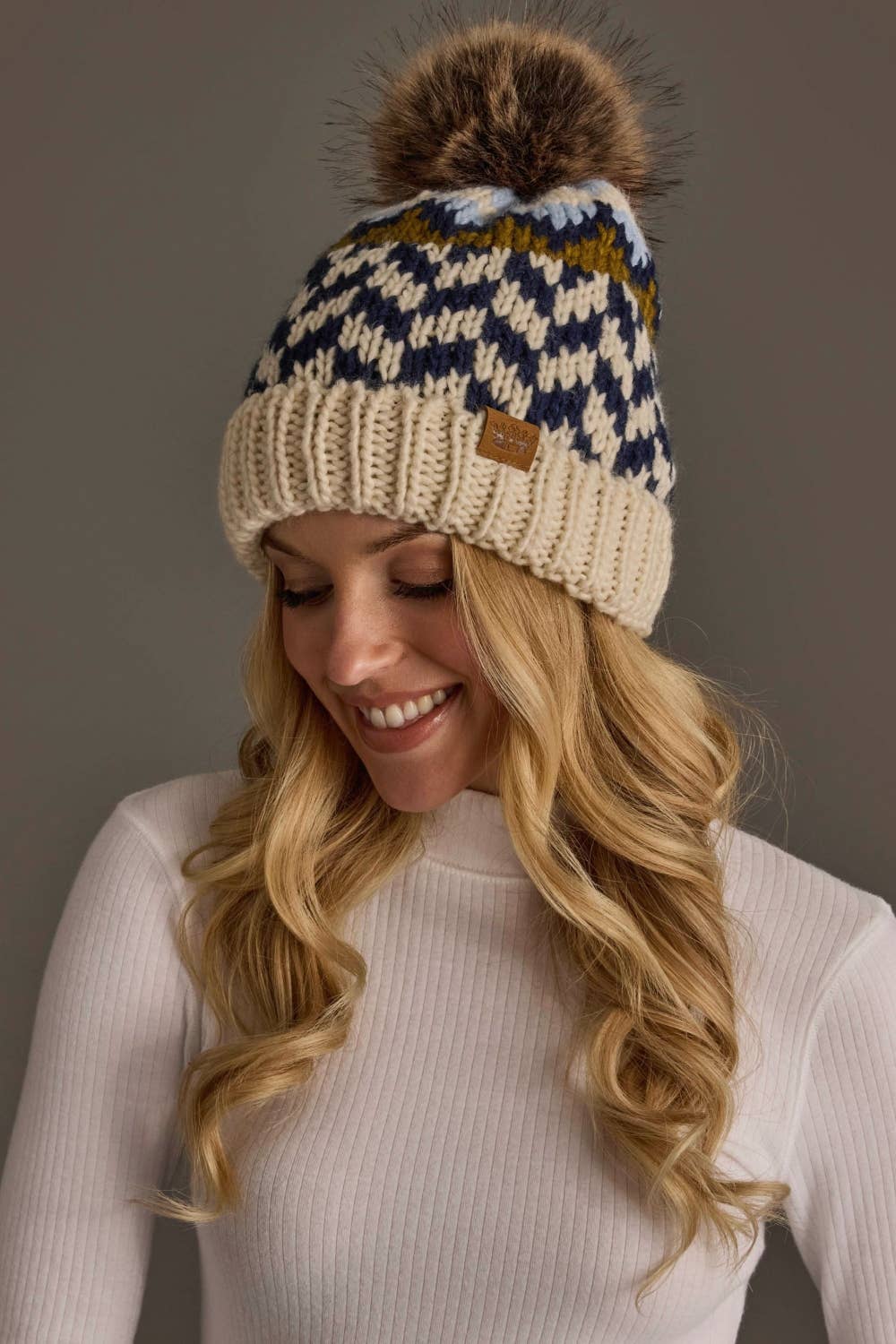 Beige, Navy + Lt. Blue Patterned Pom Hat