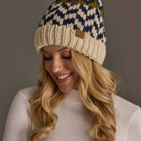 Beige, Navy + Lt. Blue Patterned Pom Hat