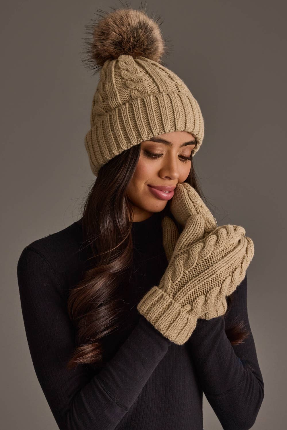 Tan Cable Knit Design Pom Hat