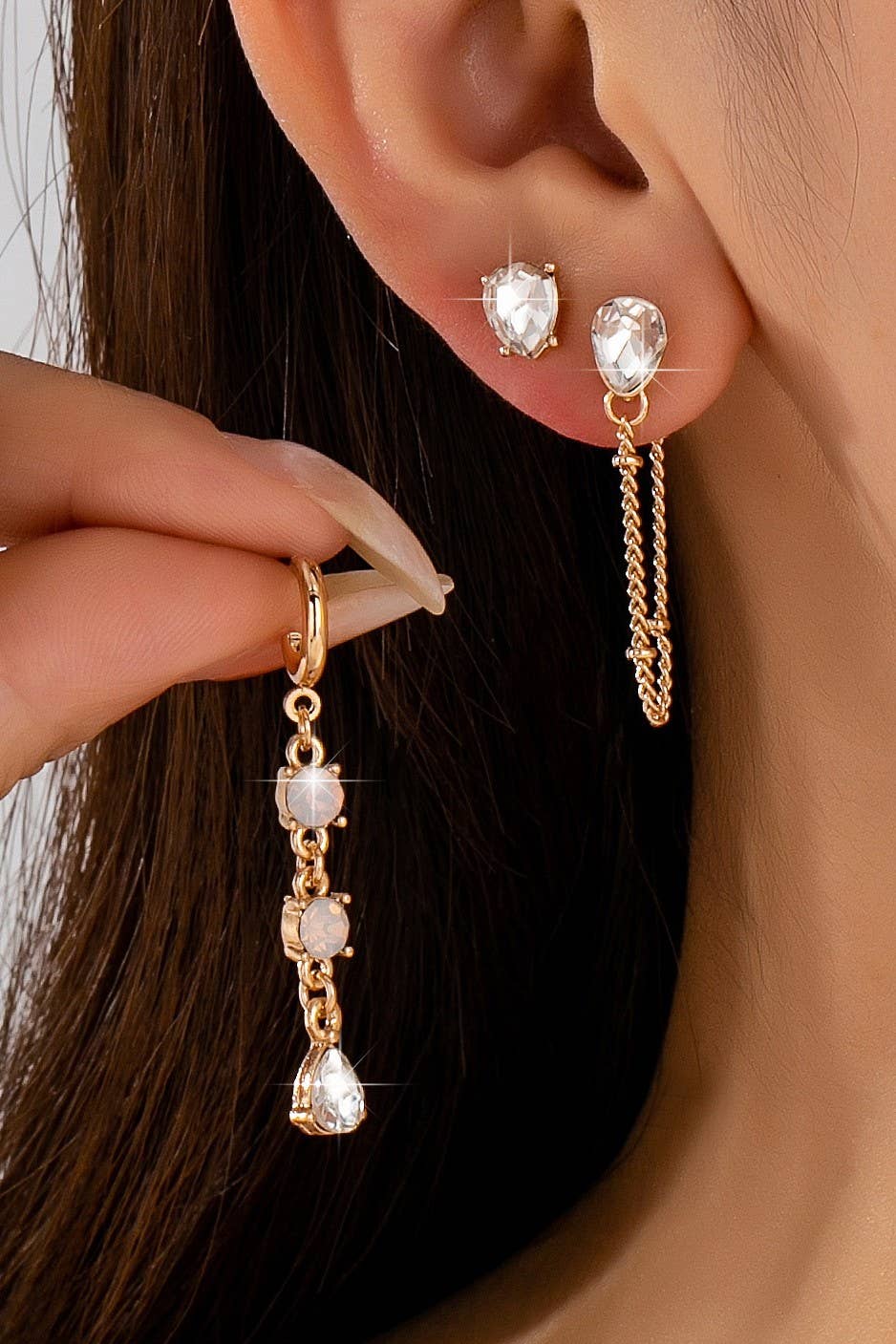 Crystal Stud & Linear Opal Drop Trio Earring Set