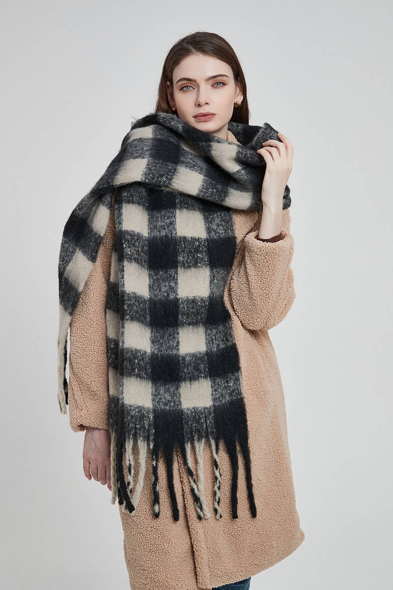 Soft Chunky Gingham Fleece Scarf with Tassel