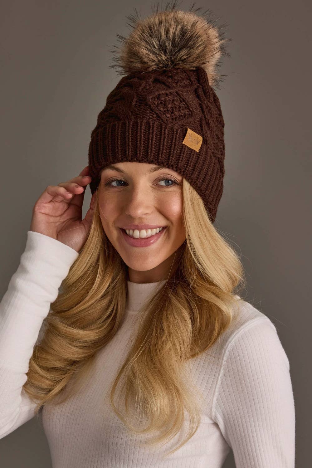 Dk. Brown Cable Knit Pom Hat