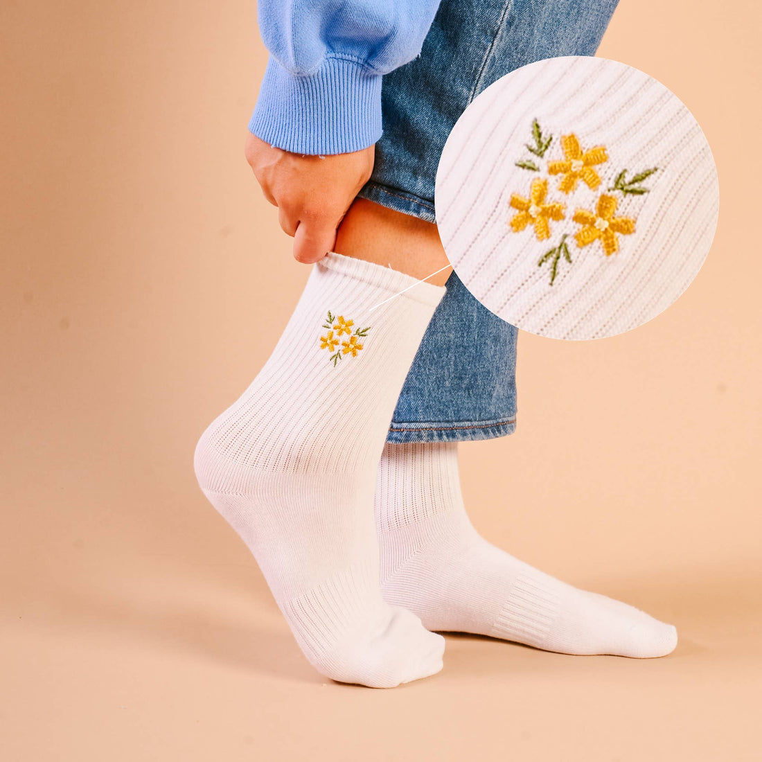 Embroidered Crew Socks: Floral Yellow