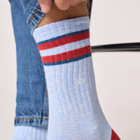 Retro combed cotton socks - Light blue, red striped
