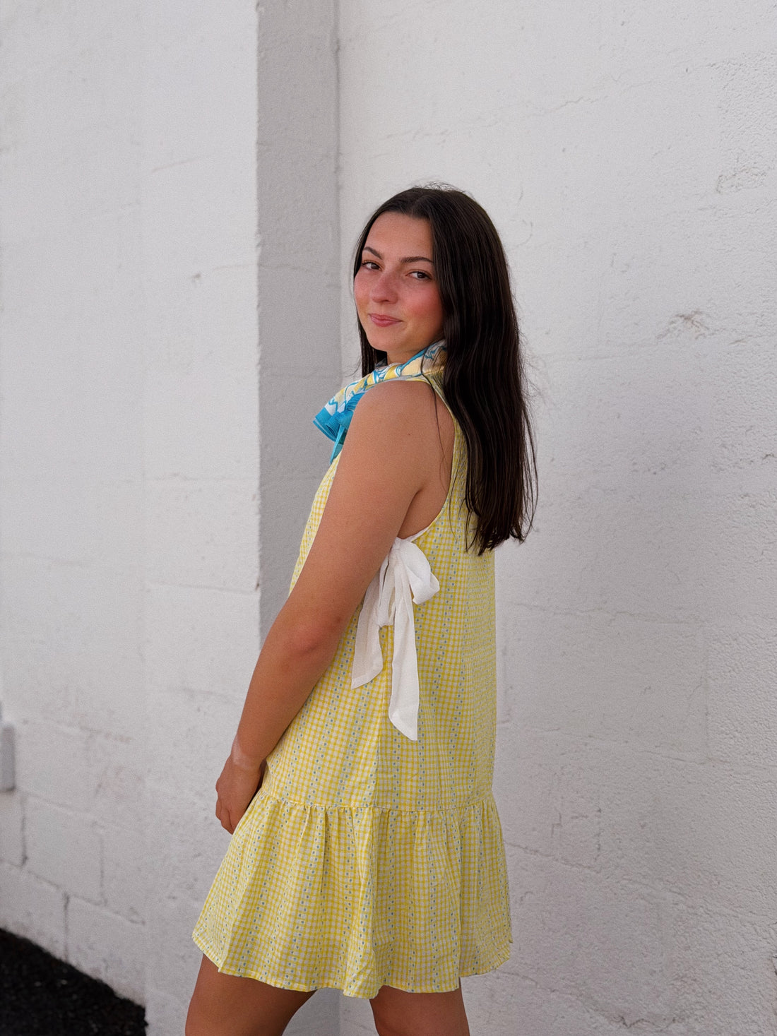 Side Tie Gingham Flounce Dress
