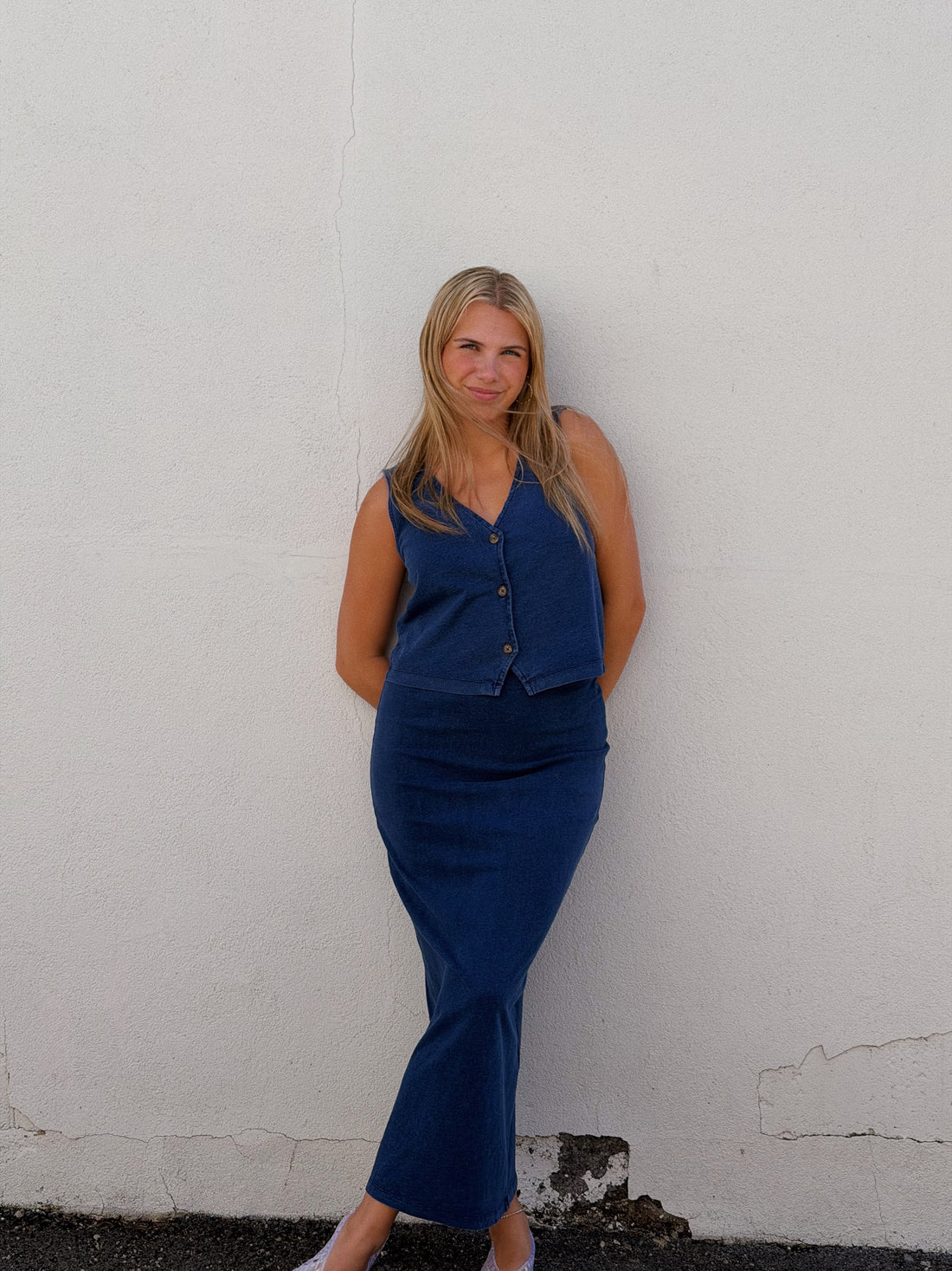 Gail Jersey Denim Midi Skirt