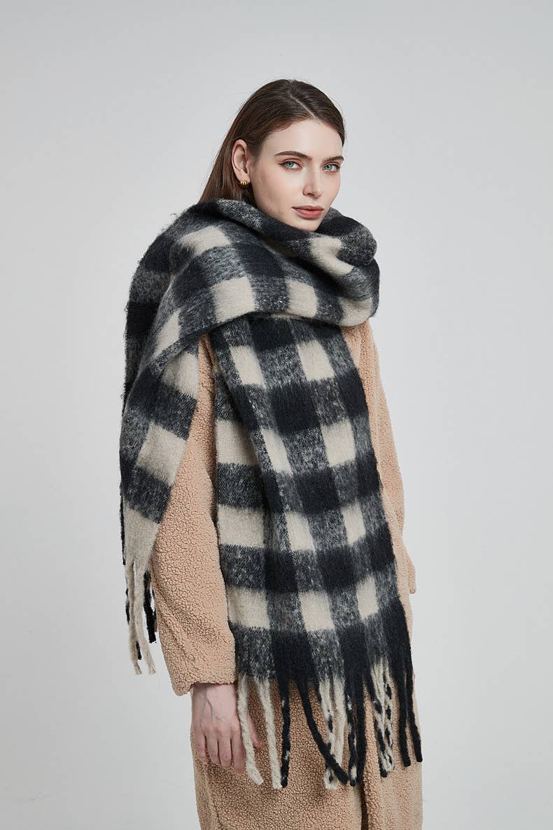 Soft Chunky Gingham Fleece Scarf with Tassel