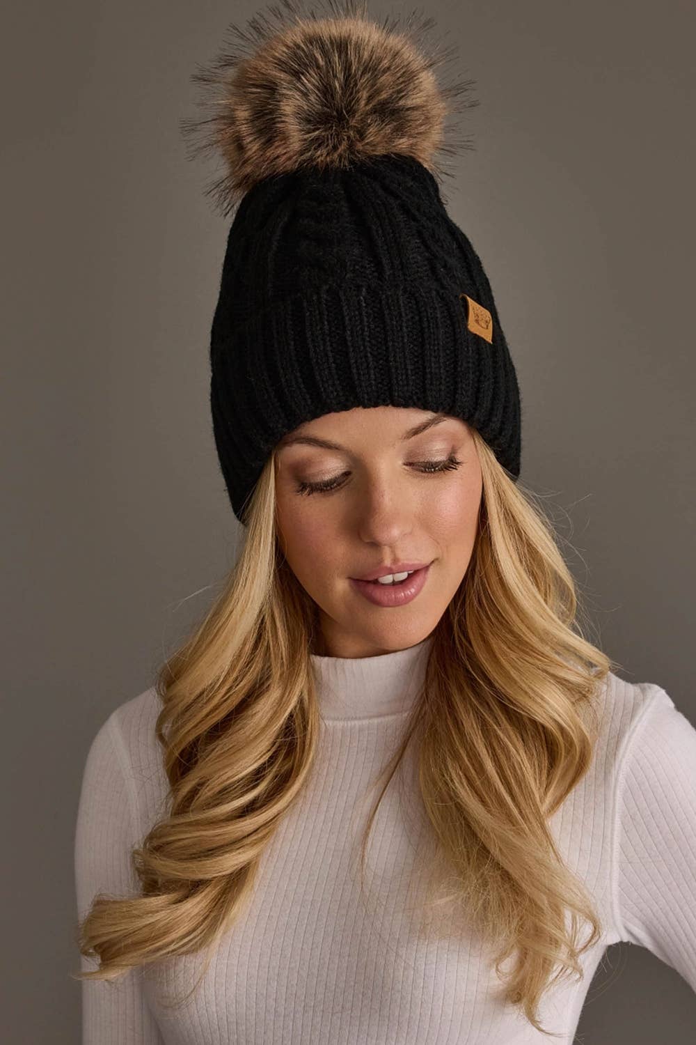Black Cable Knit Design Pom Hat