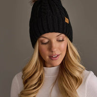 Black Cable Knit Design Pom Hat