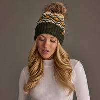 Olive, Cream & Mustard Patterned Pom Hat