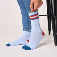 Retro combed cotton socks - Light blue, red striped
