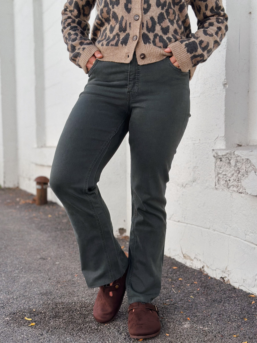 Kelsey High Rise Kick Flare: Pewter Green