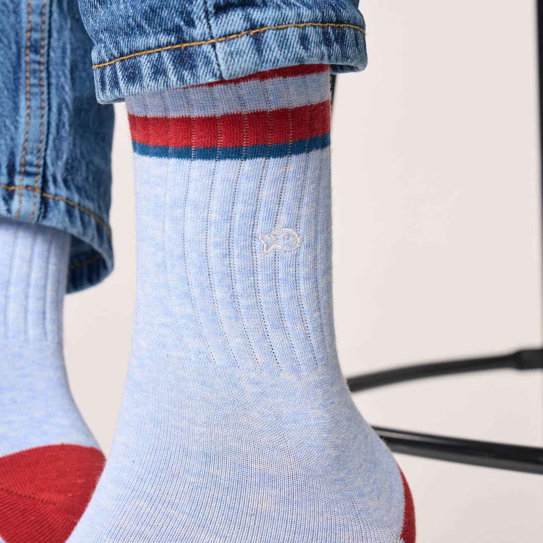 Retro combed cotton socks - Light blue, red striped