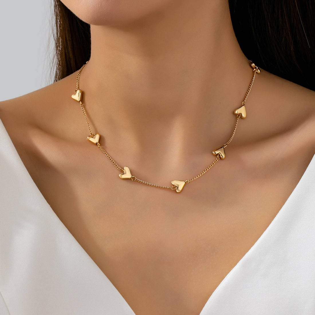 Puffed Heart Station Necklace