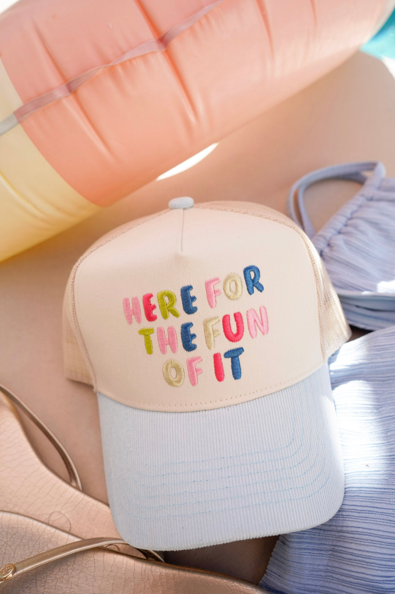 Here for the Fun of it - Baby Blue Corduroy Trucker Hat