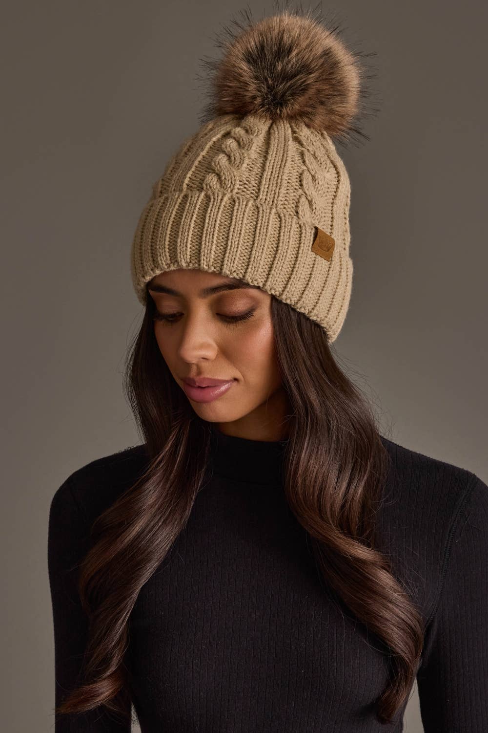 Tan Cable Knit Design Pom Hat