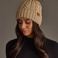 Tan Cable Knit Design Pom Hat