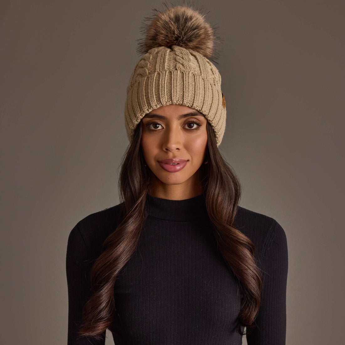 Tan Cable Knit Design Pom Hat