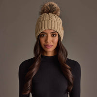 Tan Cable Knit Design Pom Hat