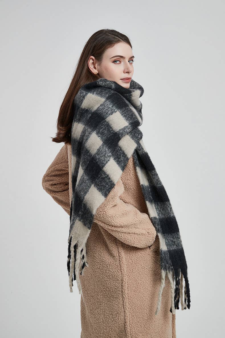 Soft Chunky Gingham Fleece Scarf with Tassel