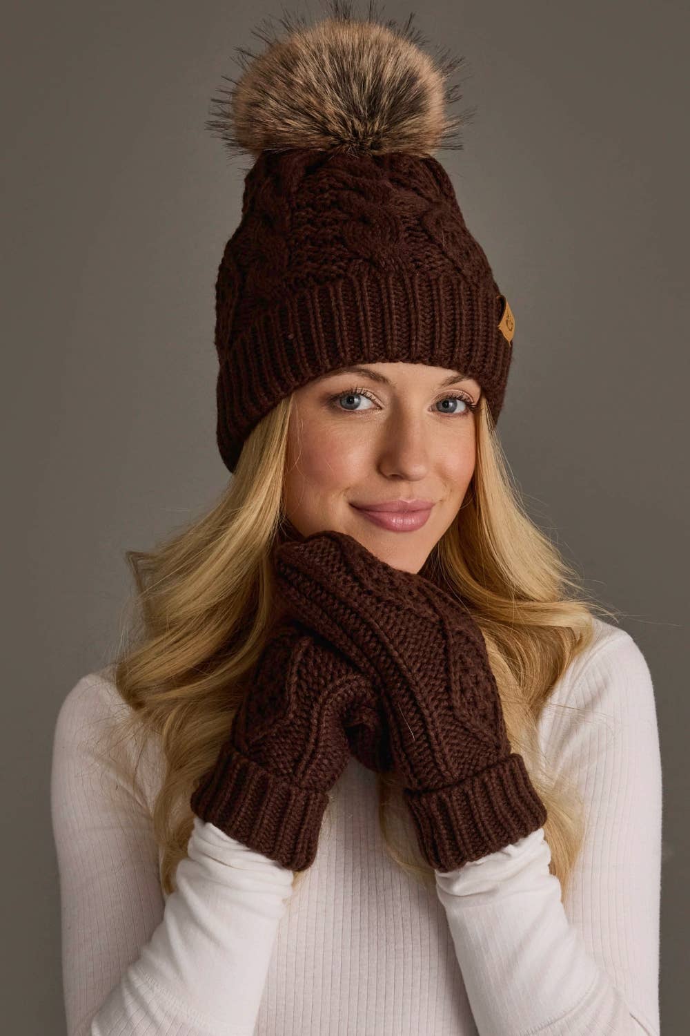 Dk. Brown Cable Knit Pom Hat