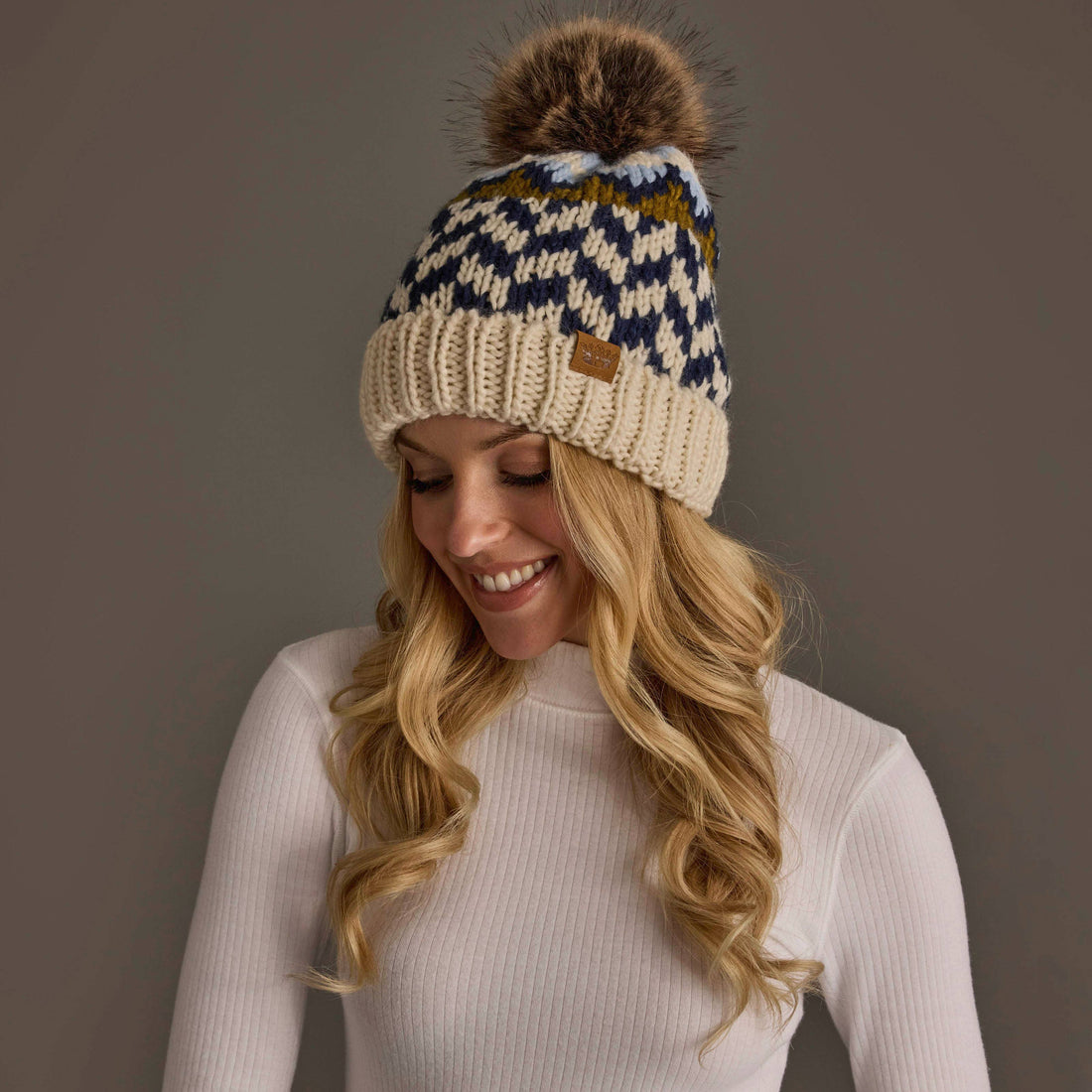 Beige, Navy + Lt. Blue Patterned Pom Hat