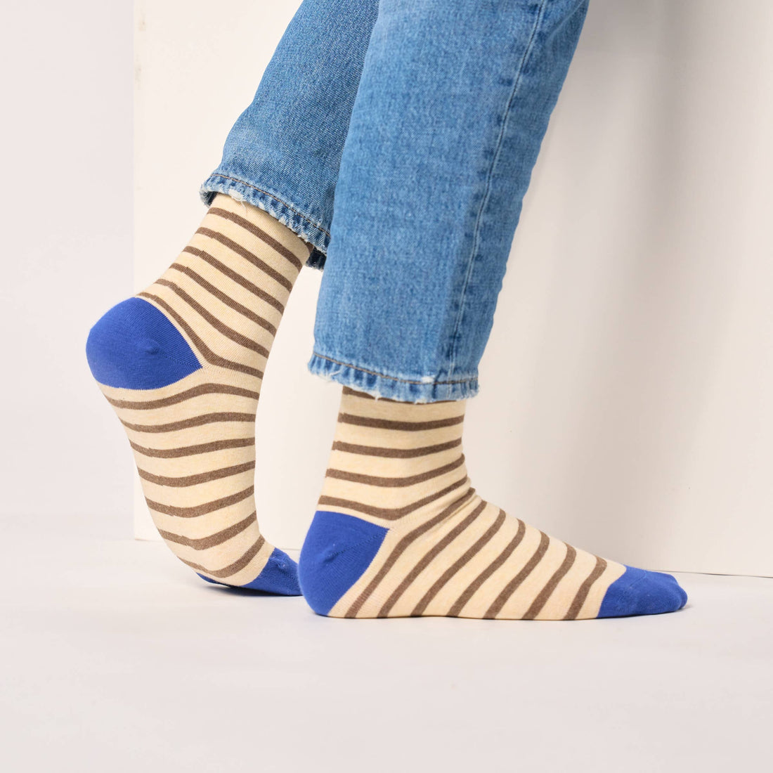 Wide striped combed cotton socks - Striped beige