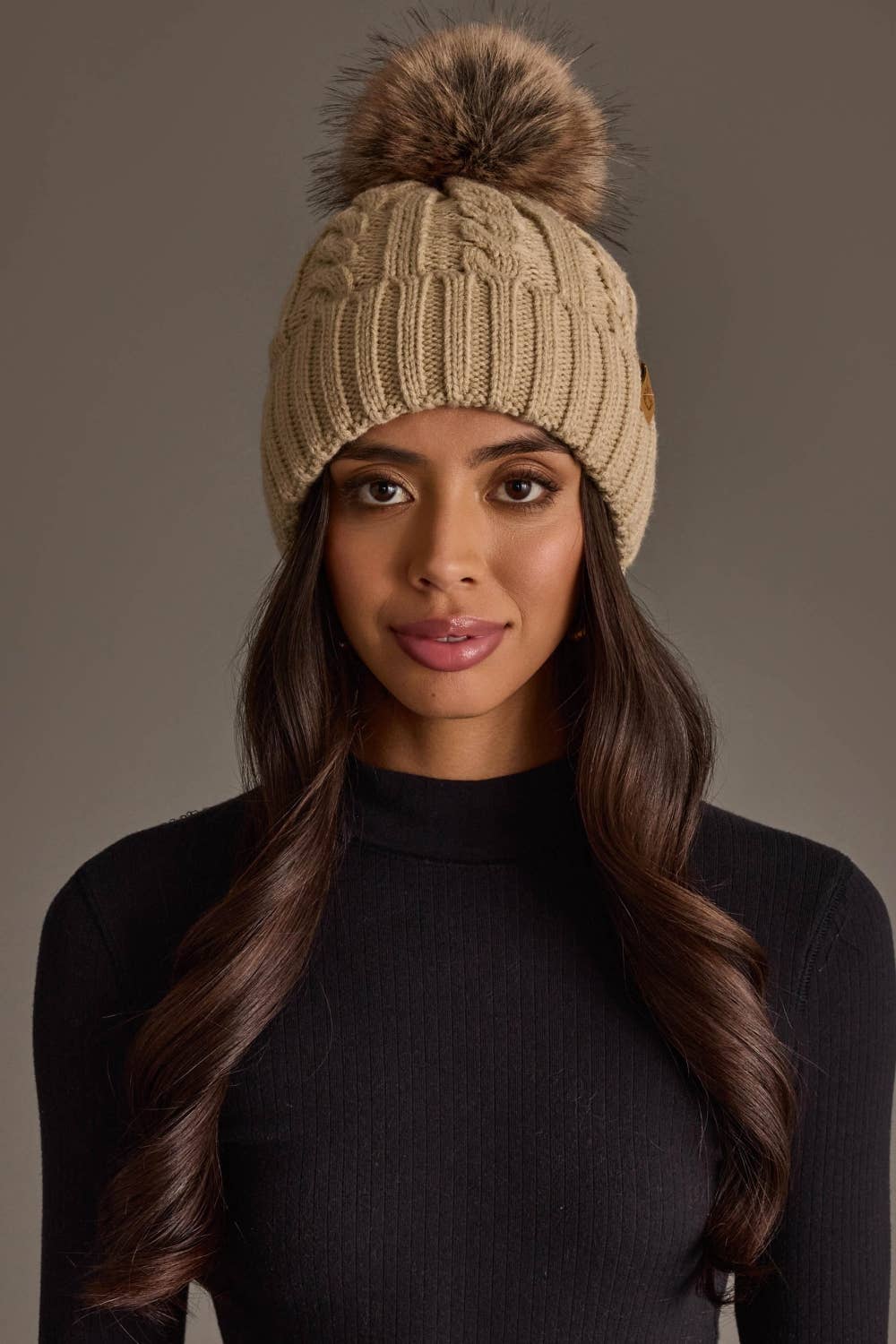 Tan Cable Knit Design Pom Hat