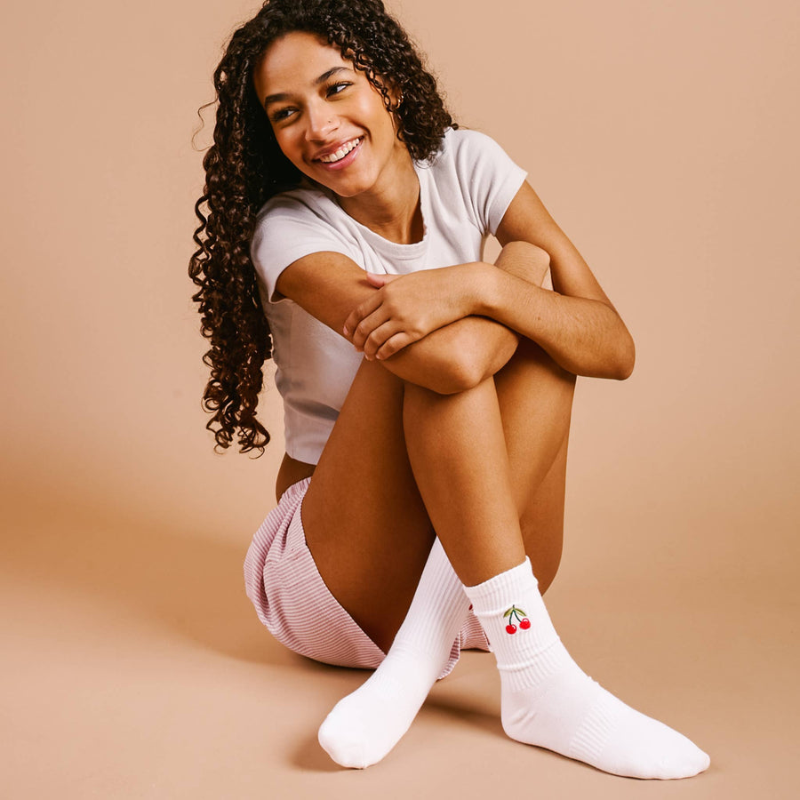 Embroidered Crew Socks: Cherries